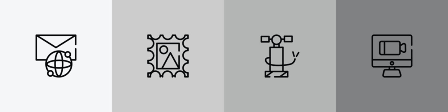 communication outline icon set featuring international mail, post stamp, air pump, videocall icons.