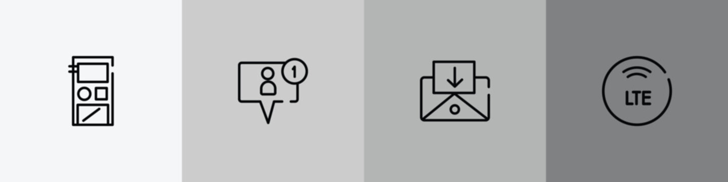 mobile interface outline icon set featuring audio recorder, friend request, incoming mail, lte icons.