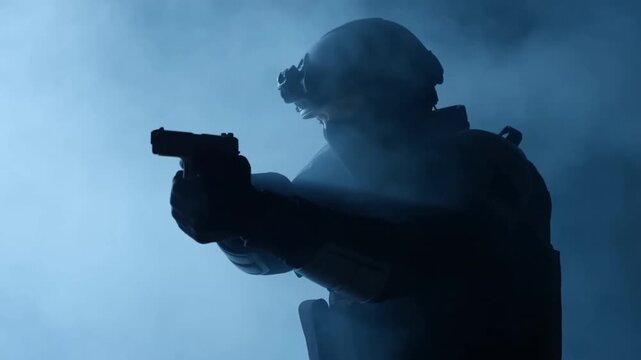 Static slow motion shot of tactical operator aiming handgun in smoky indoor warehouse interior, silhouette backlit with low key dramatic lighting