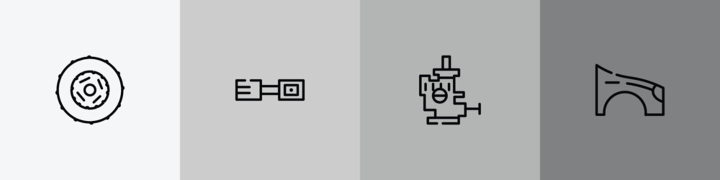 car parts outline icon set featuring car clutch, car petrol cap, choke, fender (us, canadian) icons.