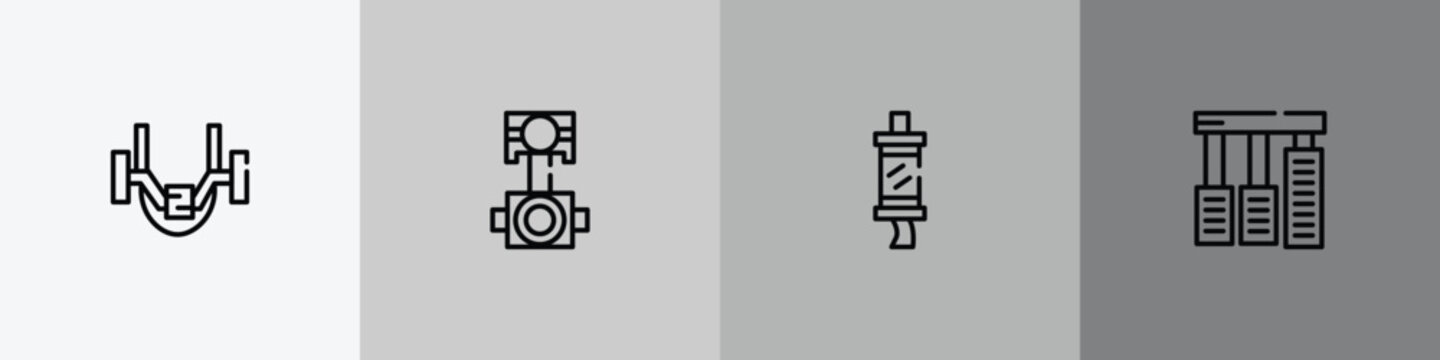 car parts outline icon set featuring car anti-roll bar, car connecting rod, silencer, accelerator icons.