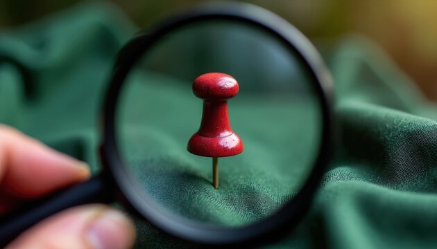 Hand holds magnifying glass looking at red wooden map pin on green fabric. Close view of exploration, detail, focus, and discovery. Researching tiny object. Finding point.