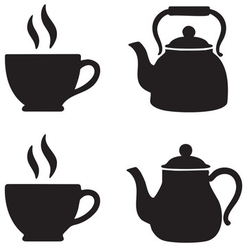 tea cup and kettle silhouettes on white background high quality professional detailed modern elegant stylish clean