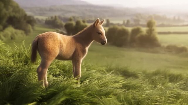 Tracking slow pan of foal standing and looking across rolling green hills in countryside at golden hour sunrise