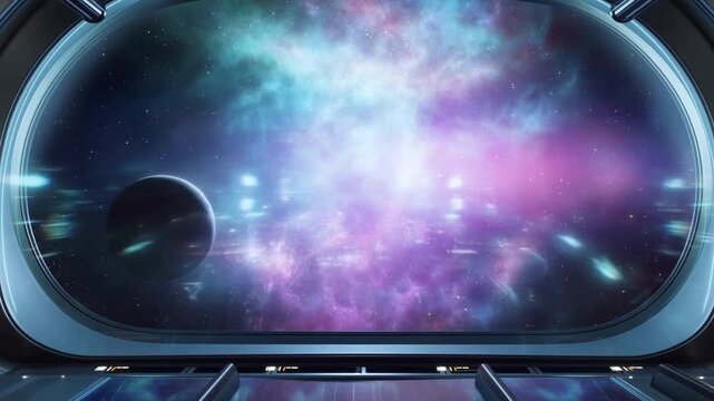 Panning tracking shot of planet drifting past vibrant purple and blue nebula outside spaceship observation window in cockpit bridge interior