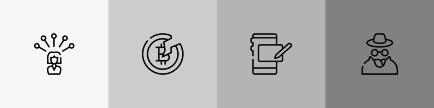 cryptocurrency outline icon set featuring hierarchy structure, old watch, chat bubble, peer to peer icons.