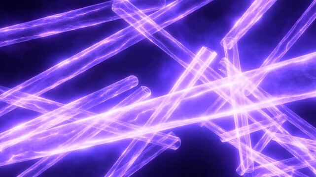 Slow motion abstract glowing rods rotating and intersecting in dark digital space with luminous purple energy trails