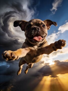 Energetic puppy leaping toward the camera with wide-angle perspective and dramatic sky lighting. Perfect for dynamic advertising, pet brands, and high-impact visual storytelling.