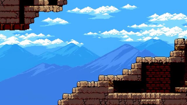 Tracking pan of pixel platform staircase shifting across mountain background in retro 2d side view platformer environment daytime