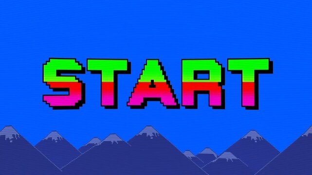Tracking shot of pixel art start text rising and centering over retro mountain landscape with bright colorful blue sky and neon outline