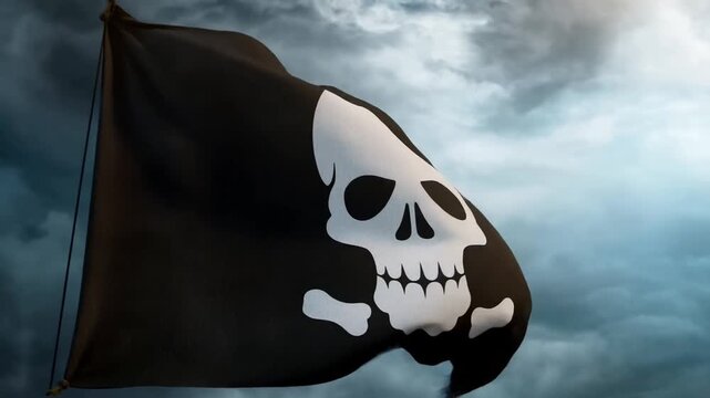 Tracking shot of pirate flag with skull and cross bones billowing and tearing on ship mast against stormy sky over ocean deck at dusk
