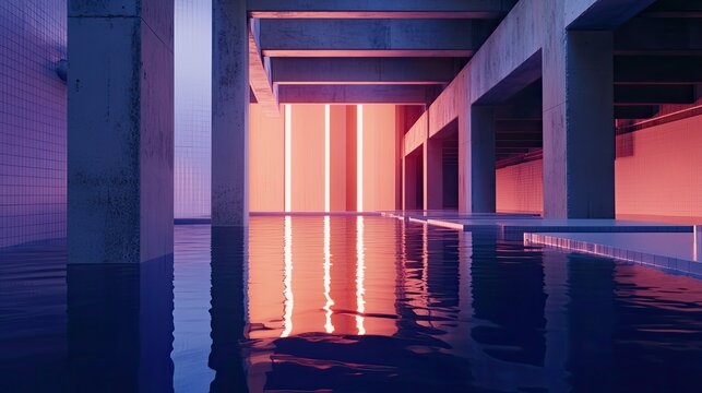 Surreal abstract pool structure with pink and purple lighting
