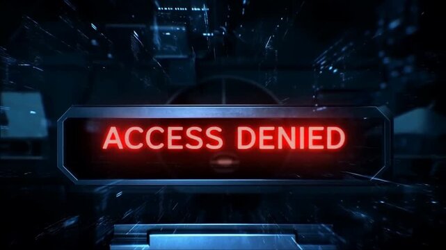 Slow zoom in on access denied sign pulsing and flashing on security console inside futuristic high tech control room interior