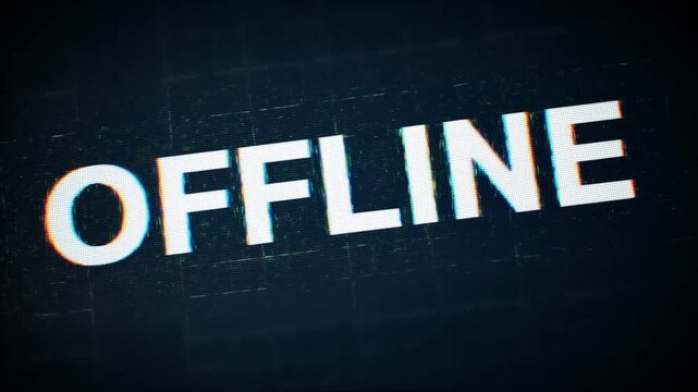 Tracking shot of offline text glitching and shifting across dark digital monitor display with subtle zoom pan tilt and flicker distortion effects