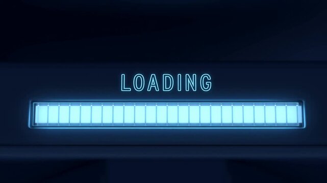Static shot of loading bar filling with glowing segmented neon progress indicator on dark centered interface display