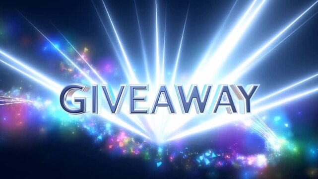 Zoom out tracking shot of giveaway text reveal with radiant light rays and colorful particle burst on dark studio background