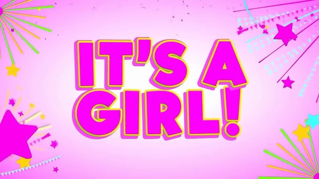 Static shot of bold pink text its a girl! with falling confetti, bursting stars and animated party elements on pastel pink party background