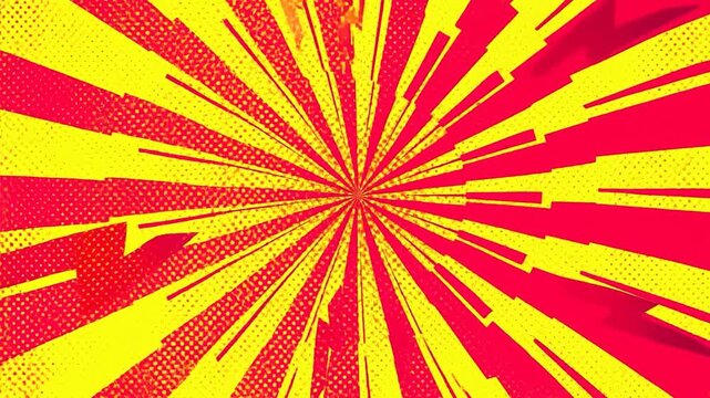 Zooming radial animation of yellow rays exploding from center against red halftone background with rotating spin and expanding streaks in design backdrop