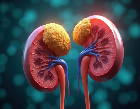 3D medical illustration of human kidneys with renal cell carcinoma tumor growths. Shows internal anatomy including blood vessels and ureters. Healthy and diseased organ.