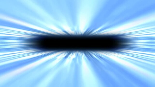 Zooming tracking shot of light streaks converging into central dark tunnel in abstract blue virtual space background with radiant motion blur
