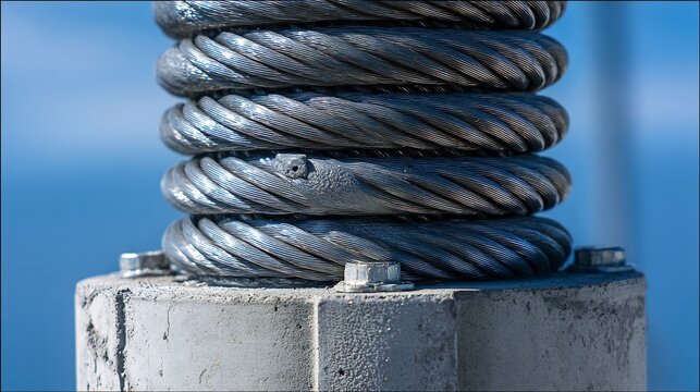 Detailed engineering shot of bridge support featuring thick coiled cable made of generic shape memory alloy metal unique iridescent titanium blue finish No logo Focus mechanical interface between