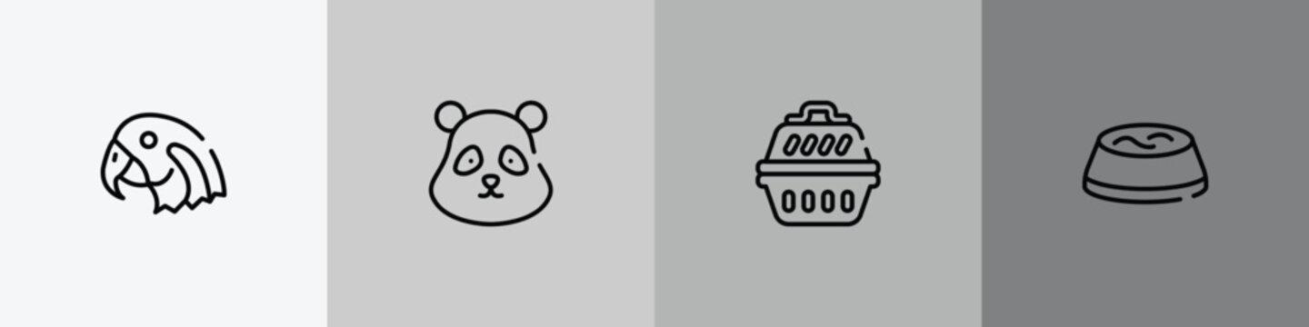 pet shop lineal outline icon set featuring parrot head, panda bear head, portable kennel, water bowl icons.