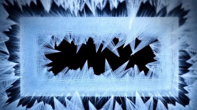 Time lapse closeup of ice crystals forming and expanding around rectangular window pane with textured frost border