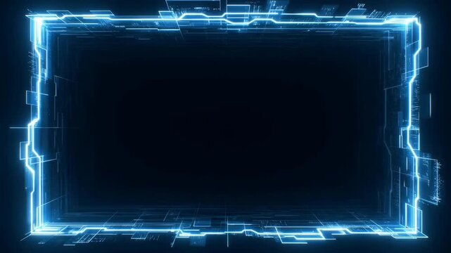 Static shot of glowing digital frame expanding and pulsing within dark futuristic interface environment with electric blue circuit border and holographic lines