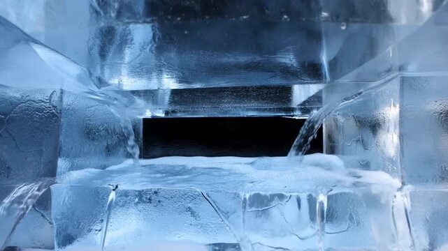 Slow motion static close up of water pouring over ice blocks and carved ice sculpture in cold indoor studio display