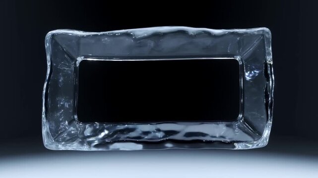 Static shot of rectangular ice frame suspended over illuminated tabletop surface in dark studio environment