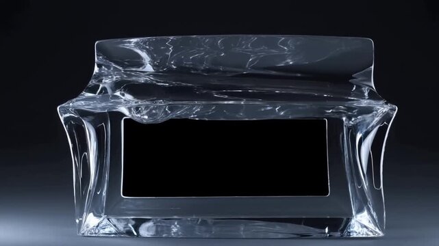Panning shot of glass frame shifting on dark studio tabletop revealing rectangular hollow opening in transparent sculptural block with glossy reflections