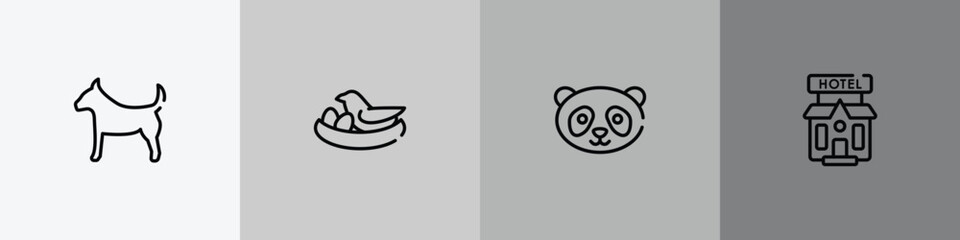 pet hotel outline icon set featuring plain dog, bird and egg, panda face, pets hotel icons. © VectorStockDesign