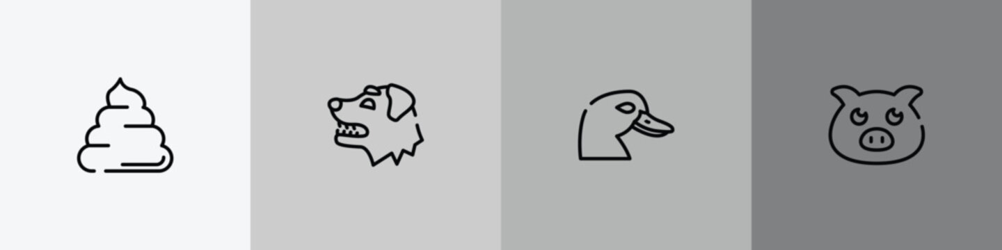 cute animals outline icon set featuring pile of dung, border collie dog head, duck head, farm pig icons.