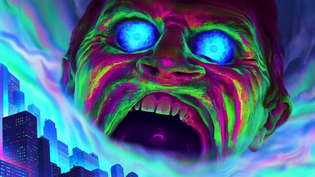 Tracking shot of giant neon zombie head screaming and looming over downtown city skyline with swirling psychedelic clouds at night