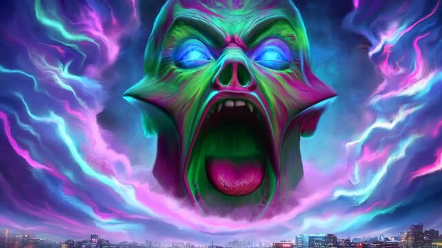 Time lapse reveal of giant spectral face emerging and screaming above illuminated city skyline with swirling neon clouds at night
