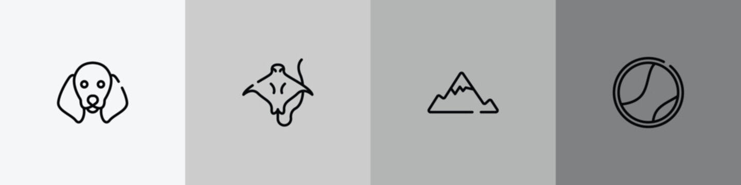 woof woof outline icon set featuring dog with floppy ears, stingray with long tail, angular mountain, tennis ball icons.