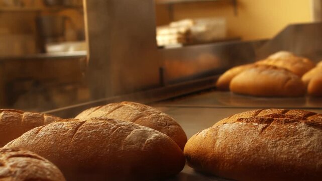 Tracking shot of bread loaves moving on conveyor through industrial bakery oven close up low angle as loaves bake and steam in morning production line