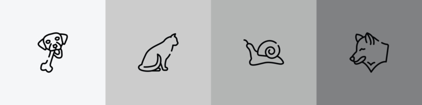 fauna outline icon set featuring chewing bone for dog, sitting cat, null, wolf head icons.