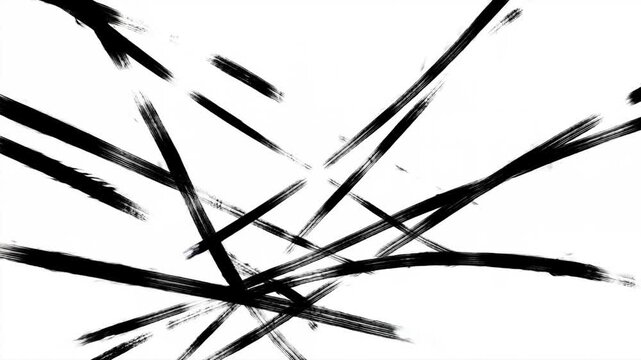 Time lapse reveal of black ink brush strokes forming abstract intersecting lines across white paper background in minimal studio surface