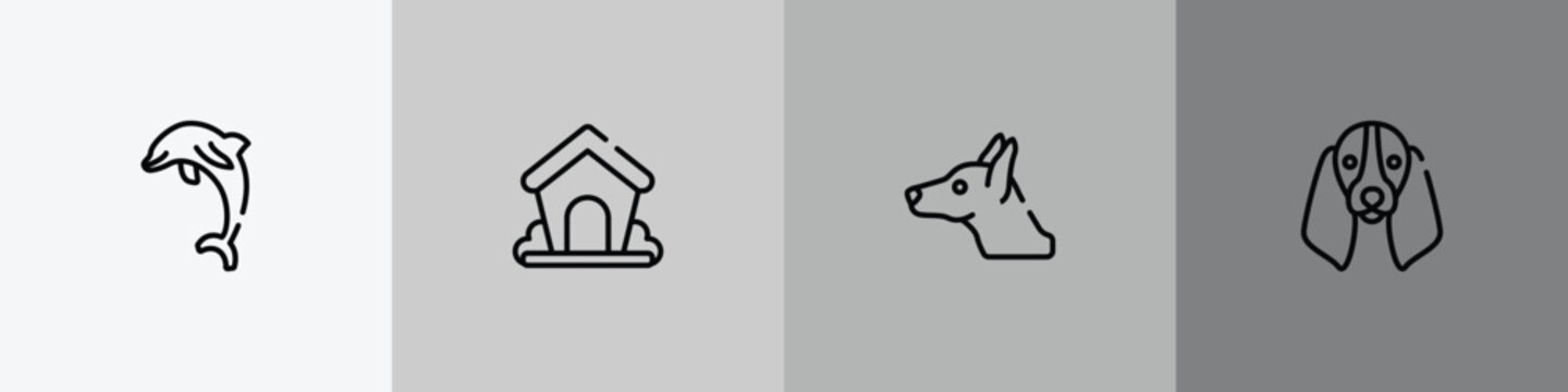woof woof outline icon set featuring jumping dolphin, dog kennel, doberman dog head, bas hound dog head icons.