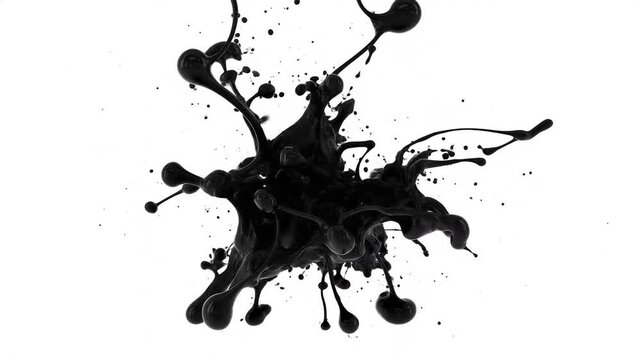 Slow motion static close up of black paint splash expanding and splattering on white studio background isolated minimal set