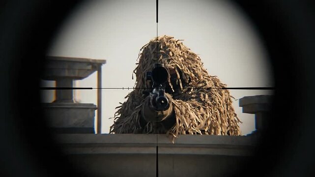 A person in a ghillie suit aiming a rifle through a scope.