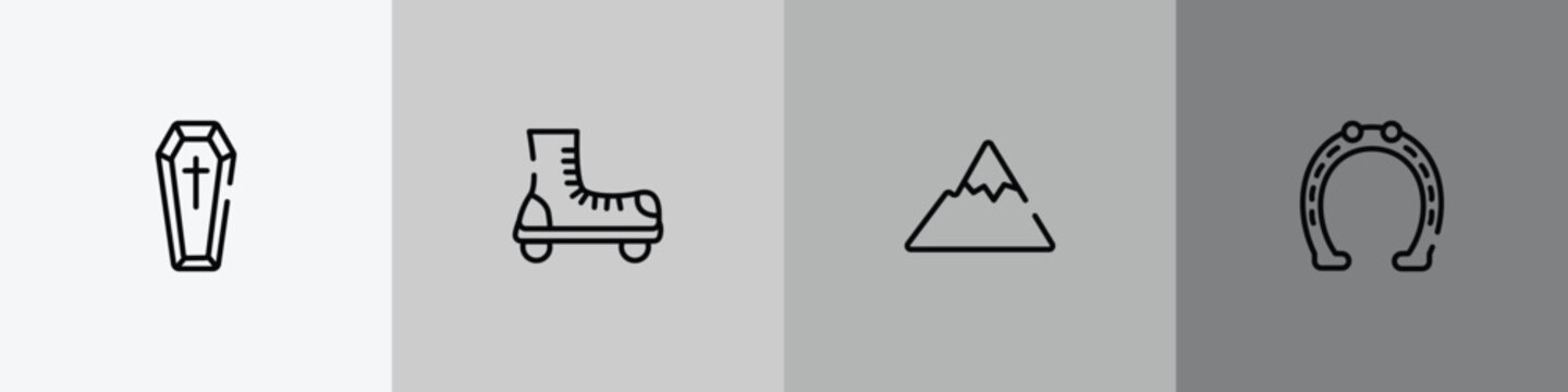 horses outline icon set featuring coffin, roller skate, mountain range, horseshoe tool icons.