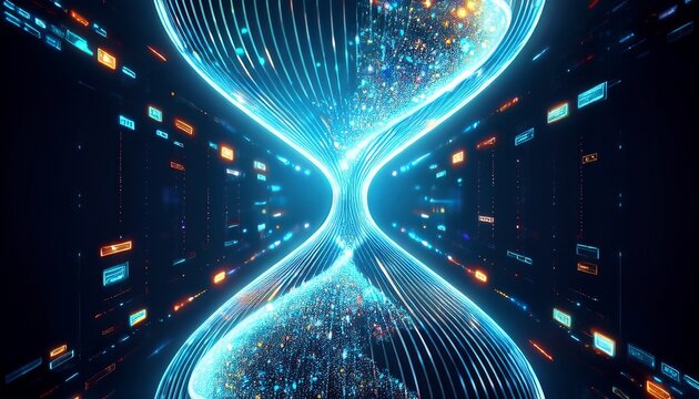 data and time flow an abstract hourglass of glowing information packets