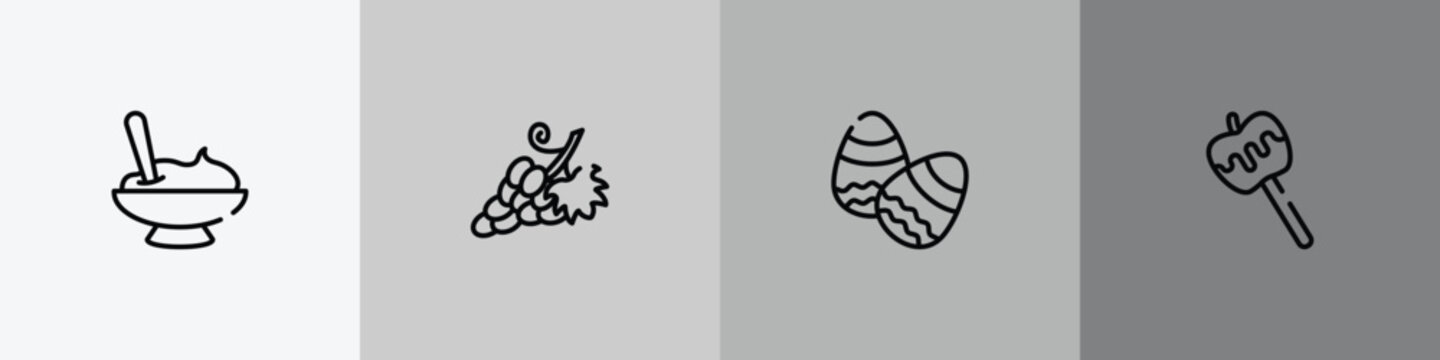 circus outline icon set featuring mashed potatoes, grapes, eggs, caramel icons.