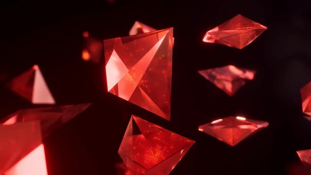 Slow motion tracking shot of red faceted crystals drifting and rotating in dark studio background with glowing reflective surfaces