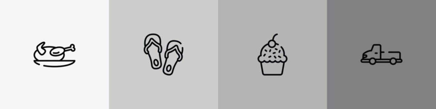 africa outline icon set featuring turkey, flip flops, muffin, pickup truck icons.