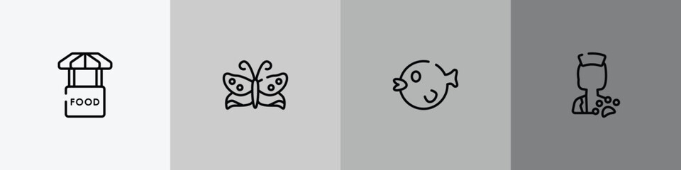in the zoo outline icon set featuring food stand, butterflies, puffer fish, veterinarian icons. © VectorStockDesign