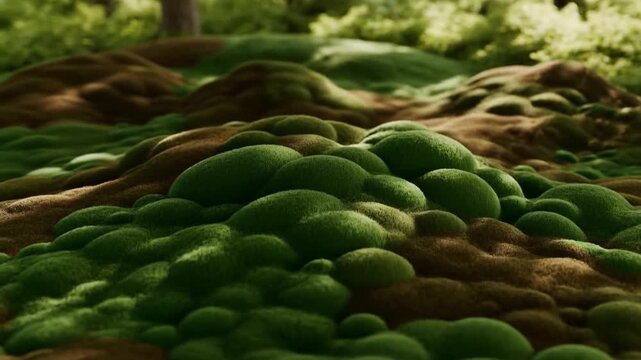 Tracking shot of moss covered forest floor revealing rolling cushionlike mounds and tufts while dolly forward through dappled woodland sunlight
