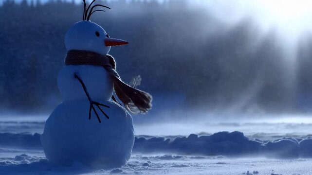 Slow motion static shot of snowman scarf fluttering as wind blows snow across snowy field with forest background in early morning light